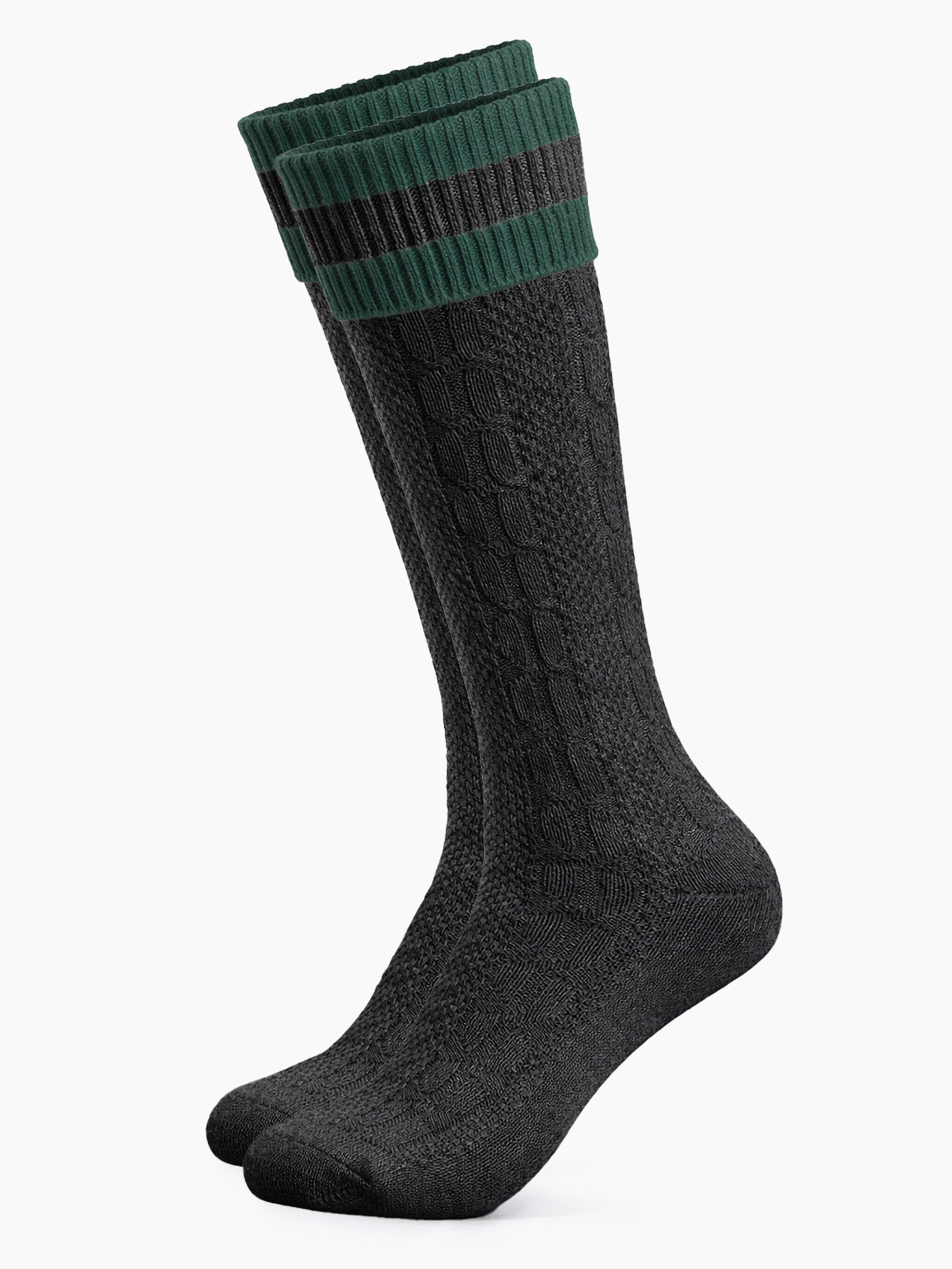 Trachtensocken mit Umschlag und Streifen - Anthrazit-Grün