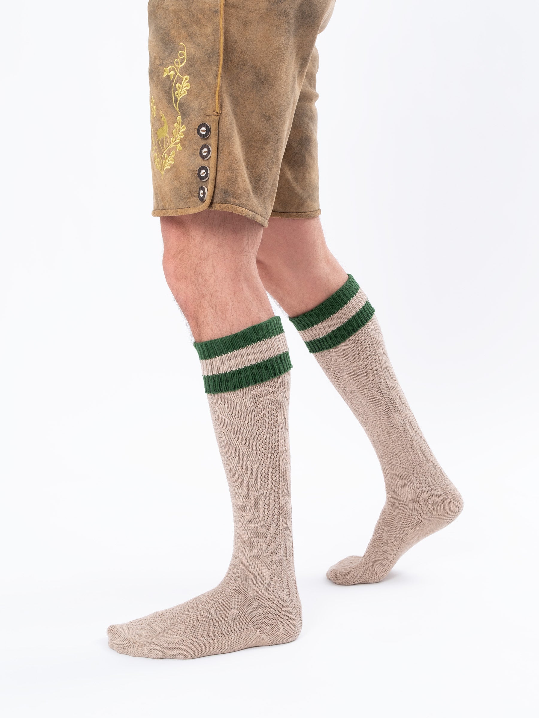 Trachtensocken mit Umschlag und Streifen - Beige-Grün - angezogen