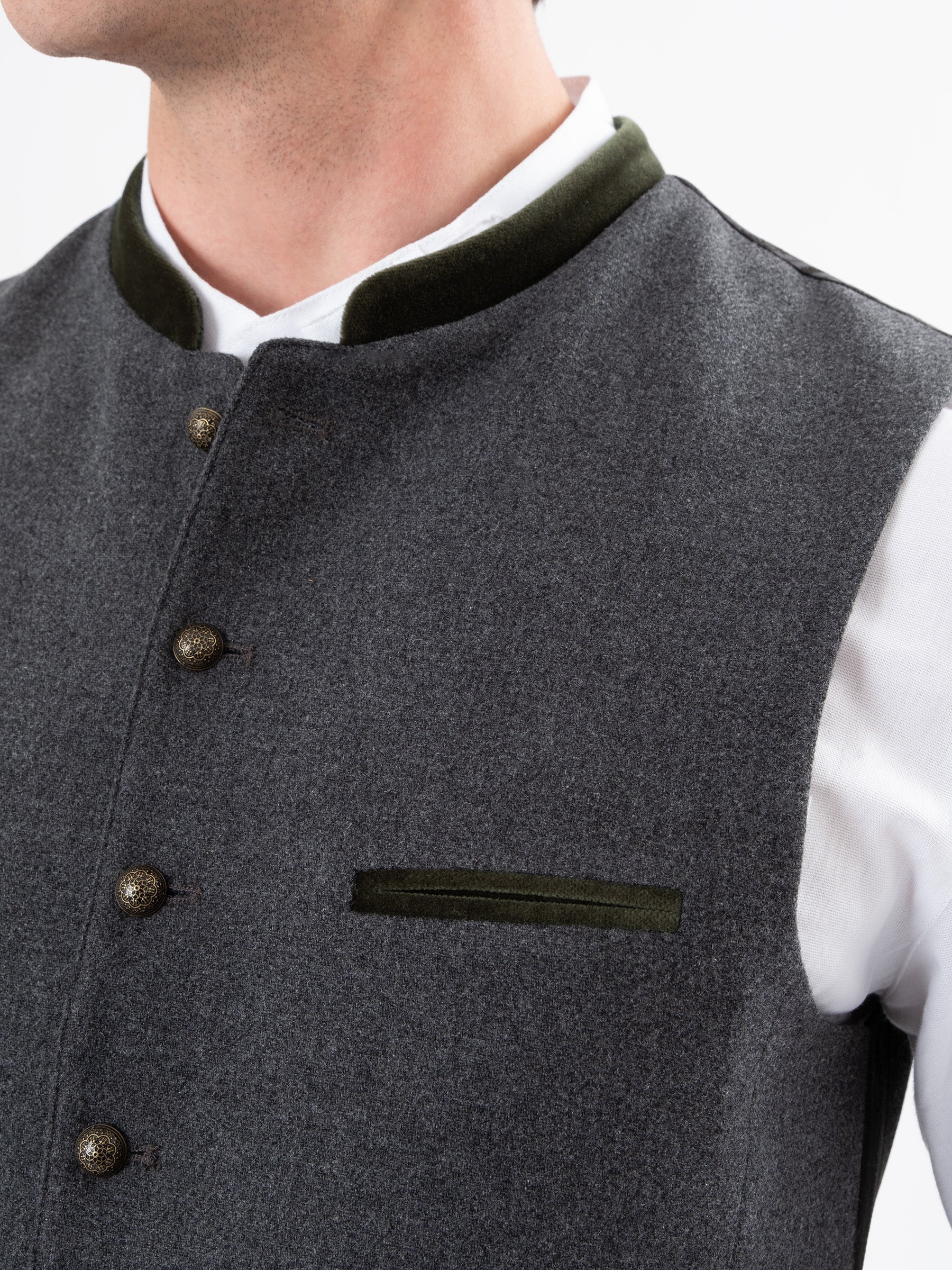 Trachtenweste mit Samt-Detail - Grau-Waldgrün - Detail