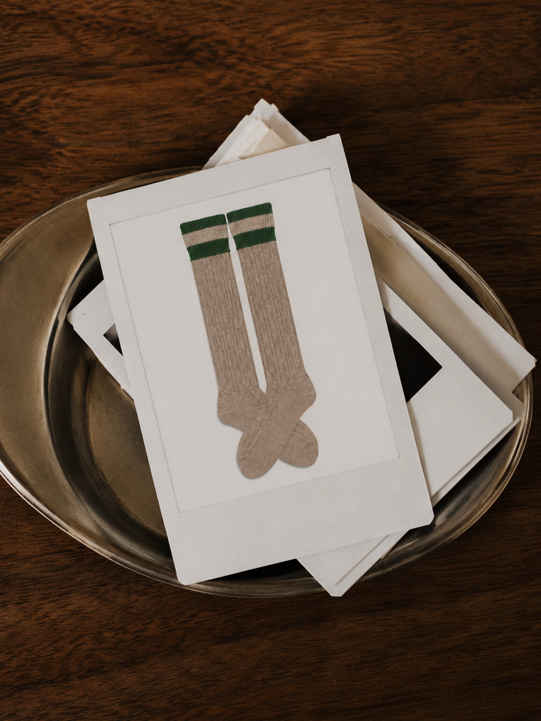 Trachtensocken mit Umschlag und Streifen - Beige-Grün - Ausleger