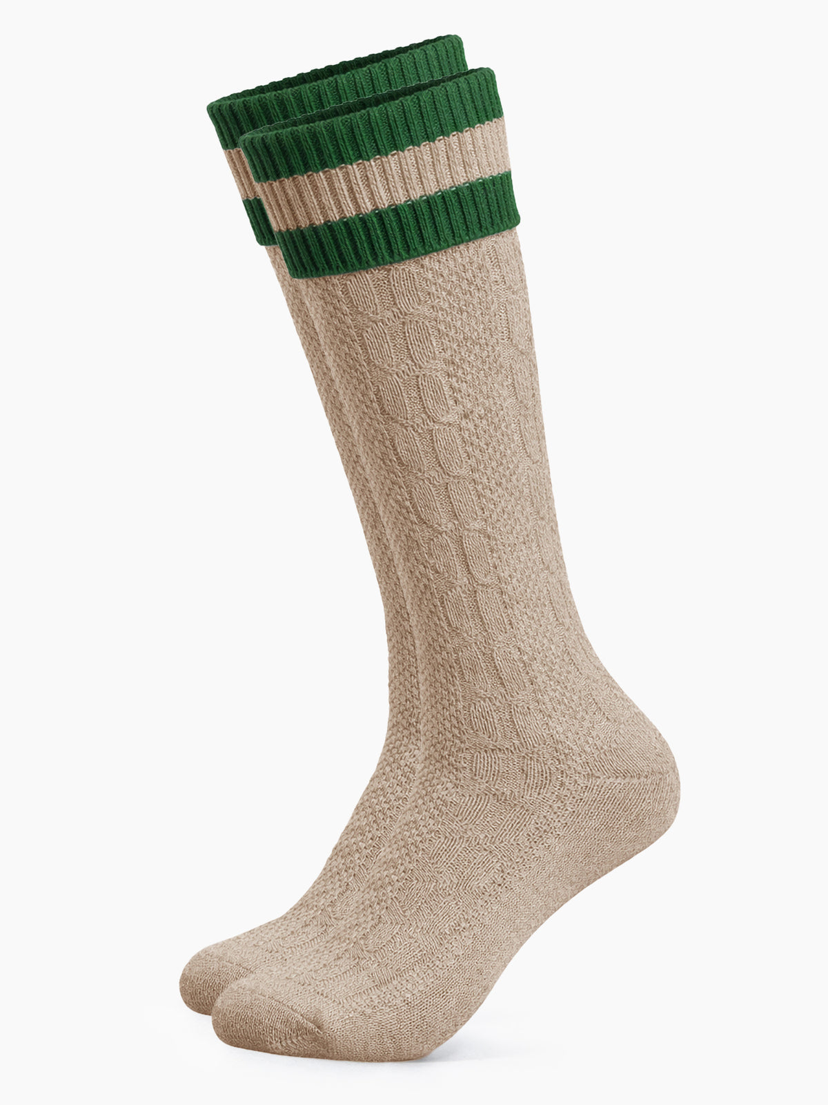 #farbe_Stn-Grn Trachtensocken mit Umschlag und Streifen - Beige-Grün