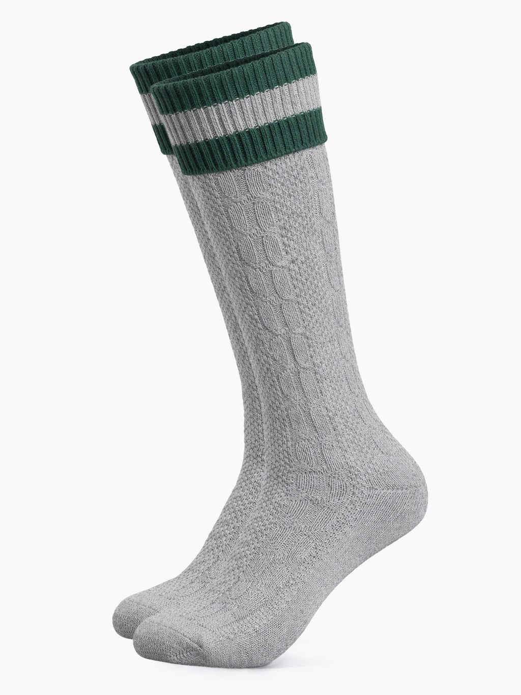 Trachtensocken mit Umschlag und Streifen - Hellgrau-Grün
