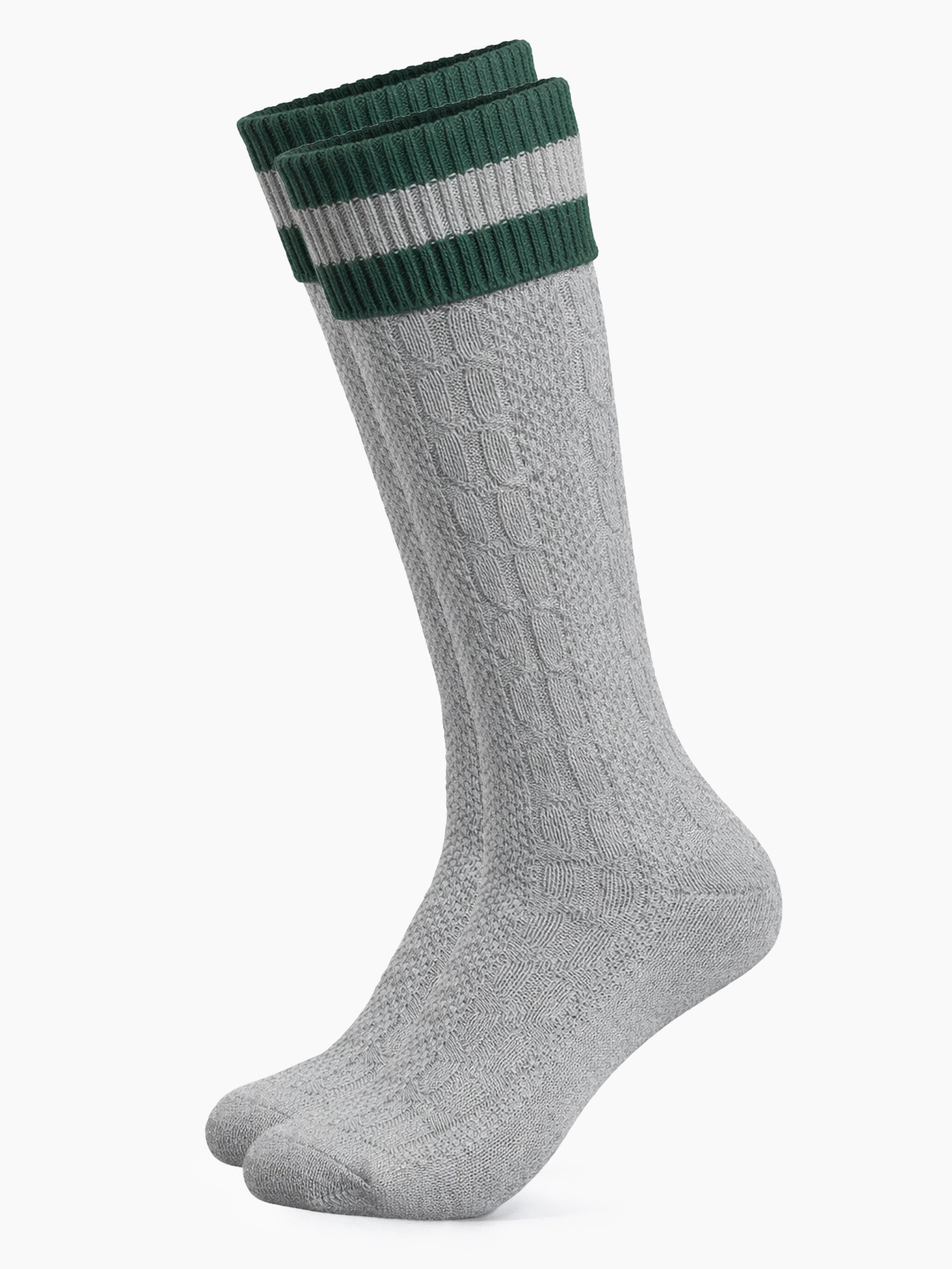 Trachtensocken mit Umschlag und Streifen - Hellgrau-Grün